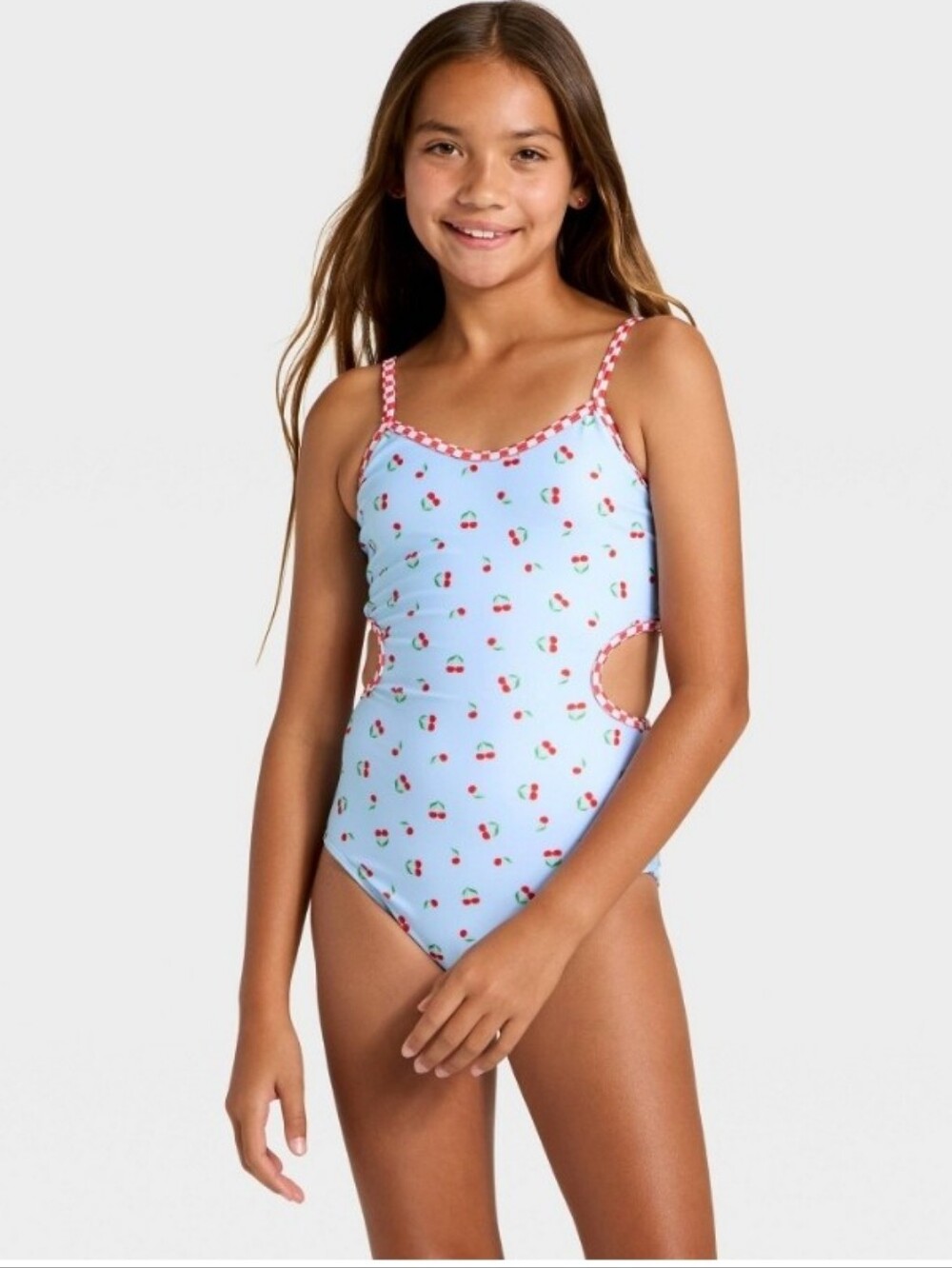 Art Class Light Blue Cherry Print One-Piece Swimsuit..pool Beach Vacation NWT